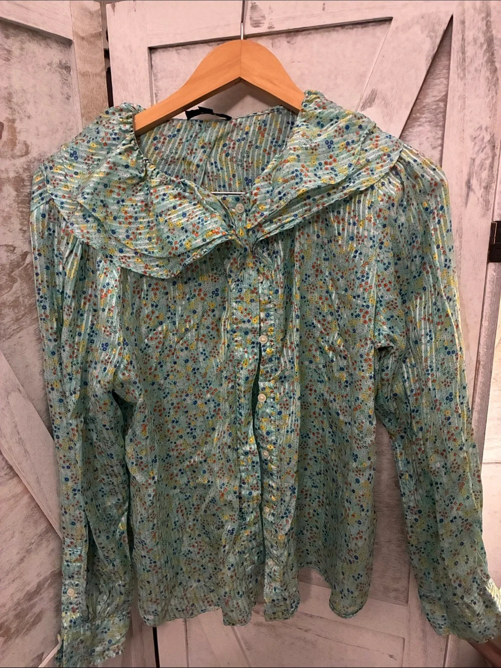 J. Crew Mint Floral Pintuck Button Blouse